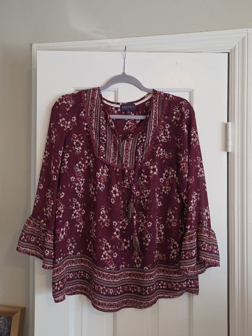 Chiffon Burgundy Floral Boho Peasant Top